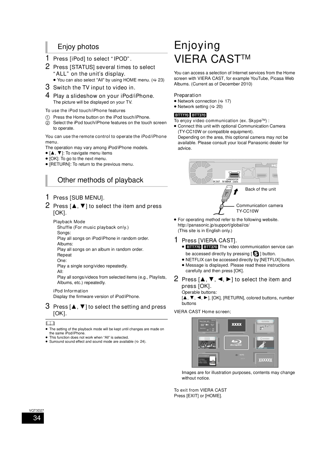 Panasonic SC-BTT770, BTT273, SC-BTT370 owner manual Enjoying, Enjoy photos, Other methods of playback 