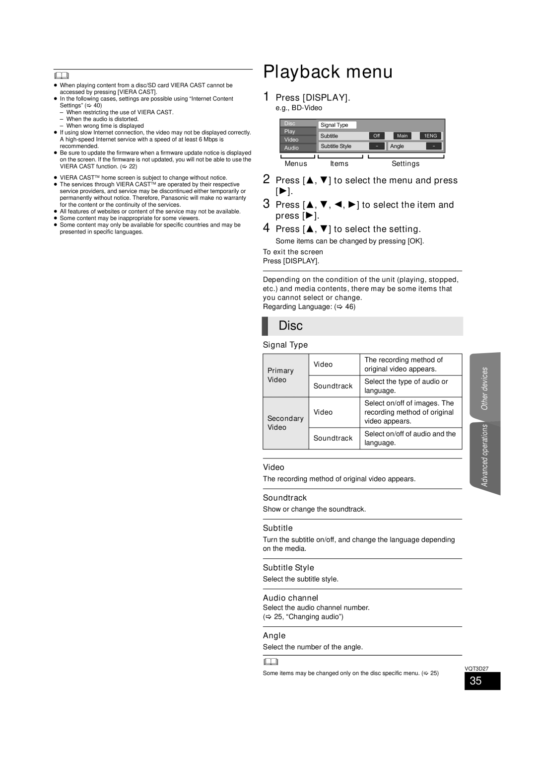 Panasonic SC-BTT370, BTT273, SC-BTT770 owner manual Playback menu, Press Display 