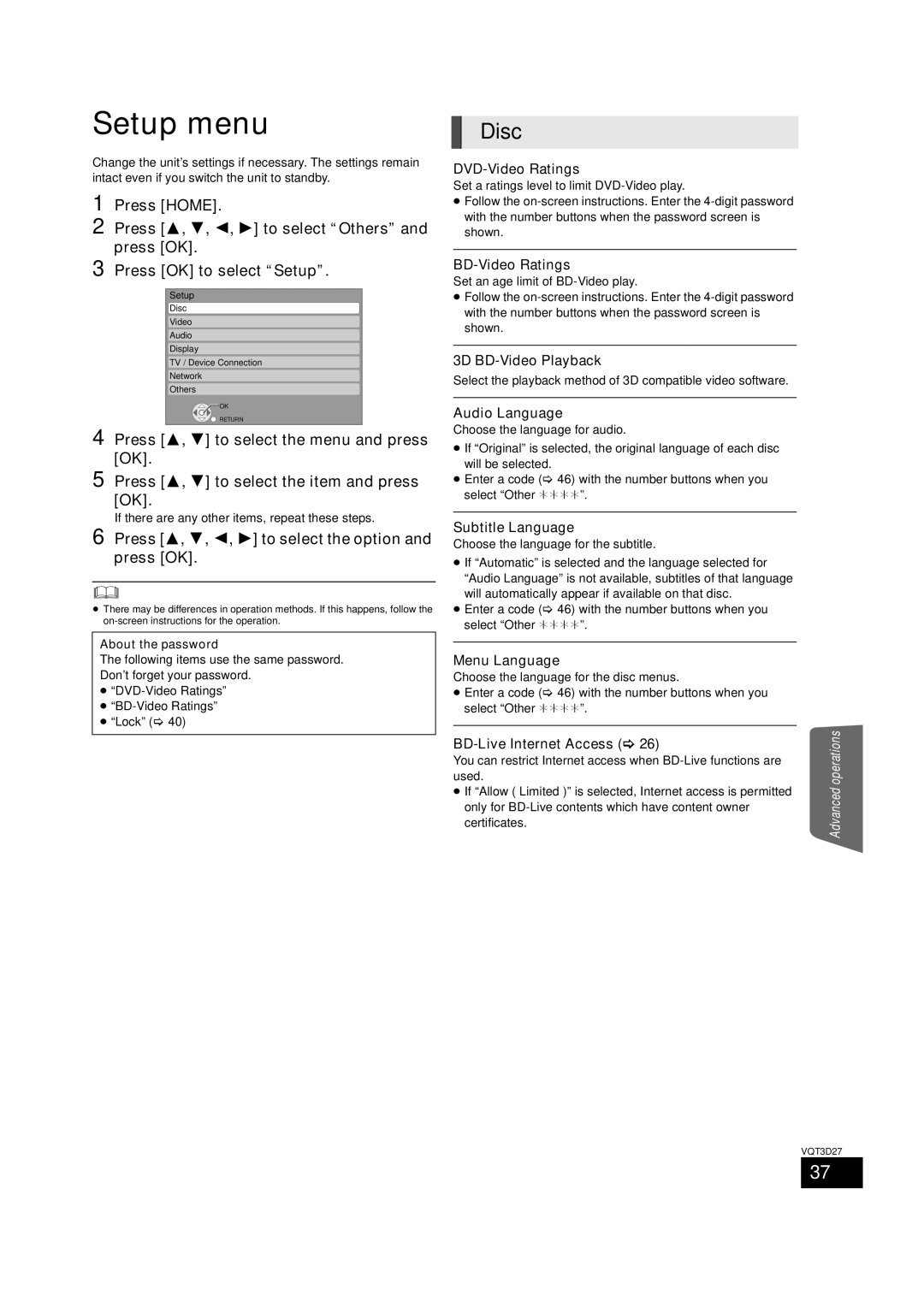 Panasonic SC-BTT770, BTT273, SC-BTT370 owner manual Setup menu, Disc, Press 3, 4, 2, 1 to select the option and press OK 