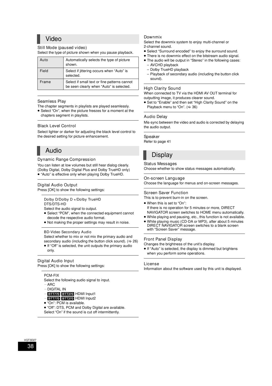 Panasonic SC-BTT370, BTT273, SC-BTT770 owner manual Display 