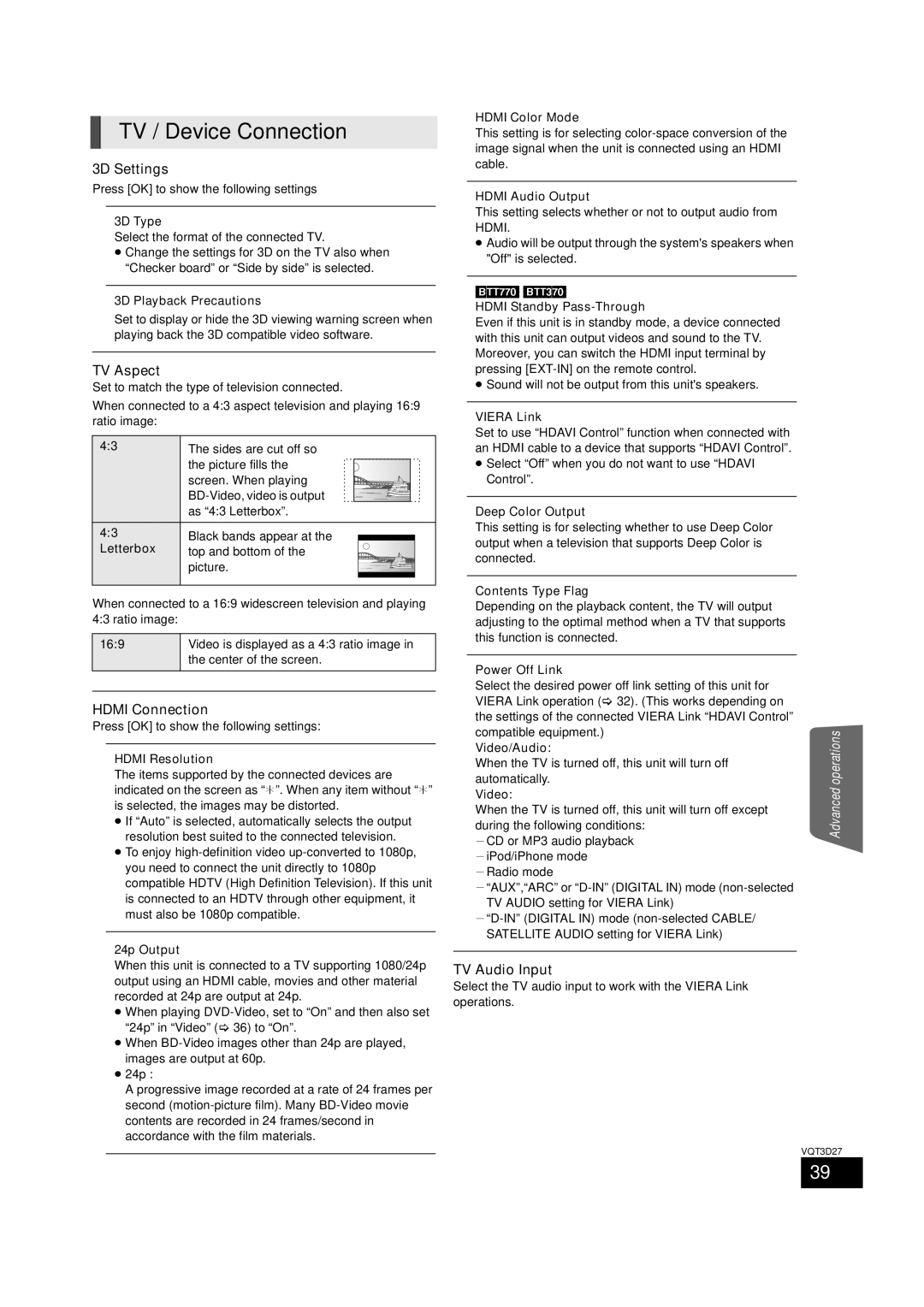 Panasonic BTT273, SC-BTT770, SC-BTT370 TV / Device Connection, 3D Settings, TV Aspect, Hdmi Connection, TV Audio Input 