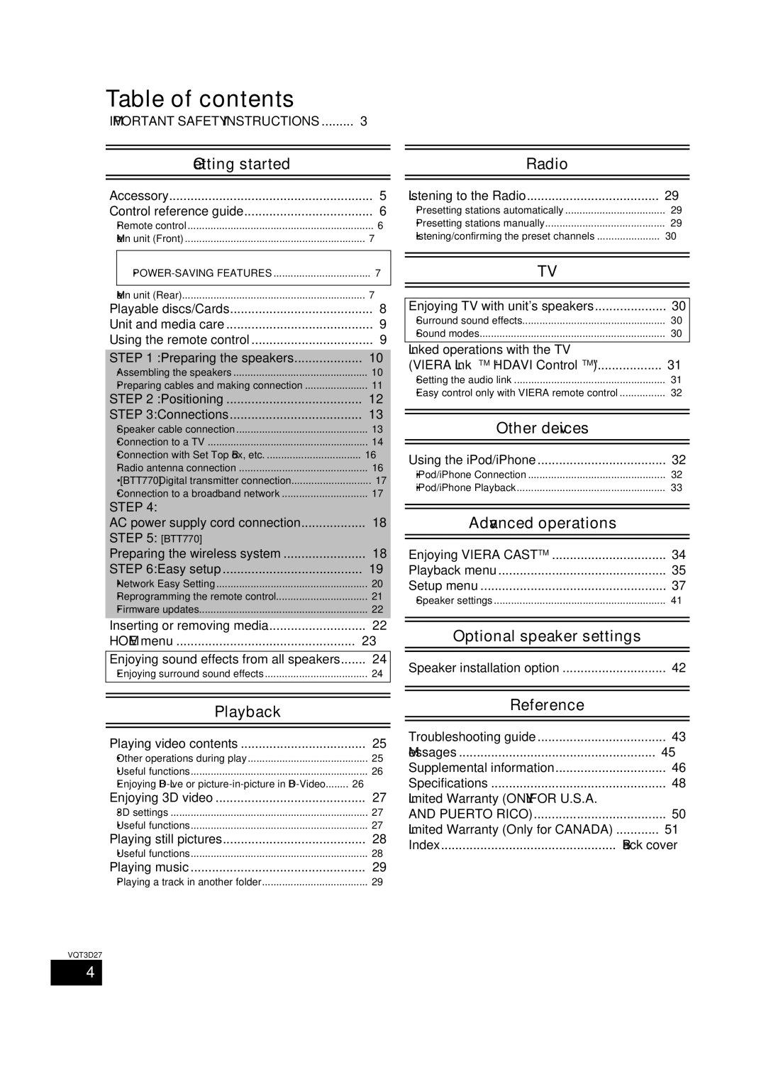 Panasonic SC-BTT770, BTT273, SC-BTT370 owner manual Table of contents 