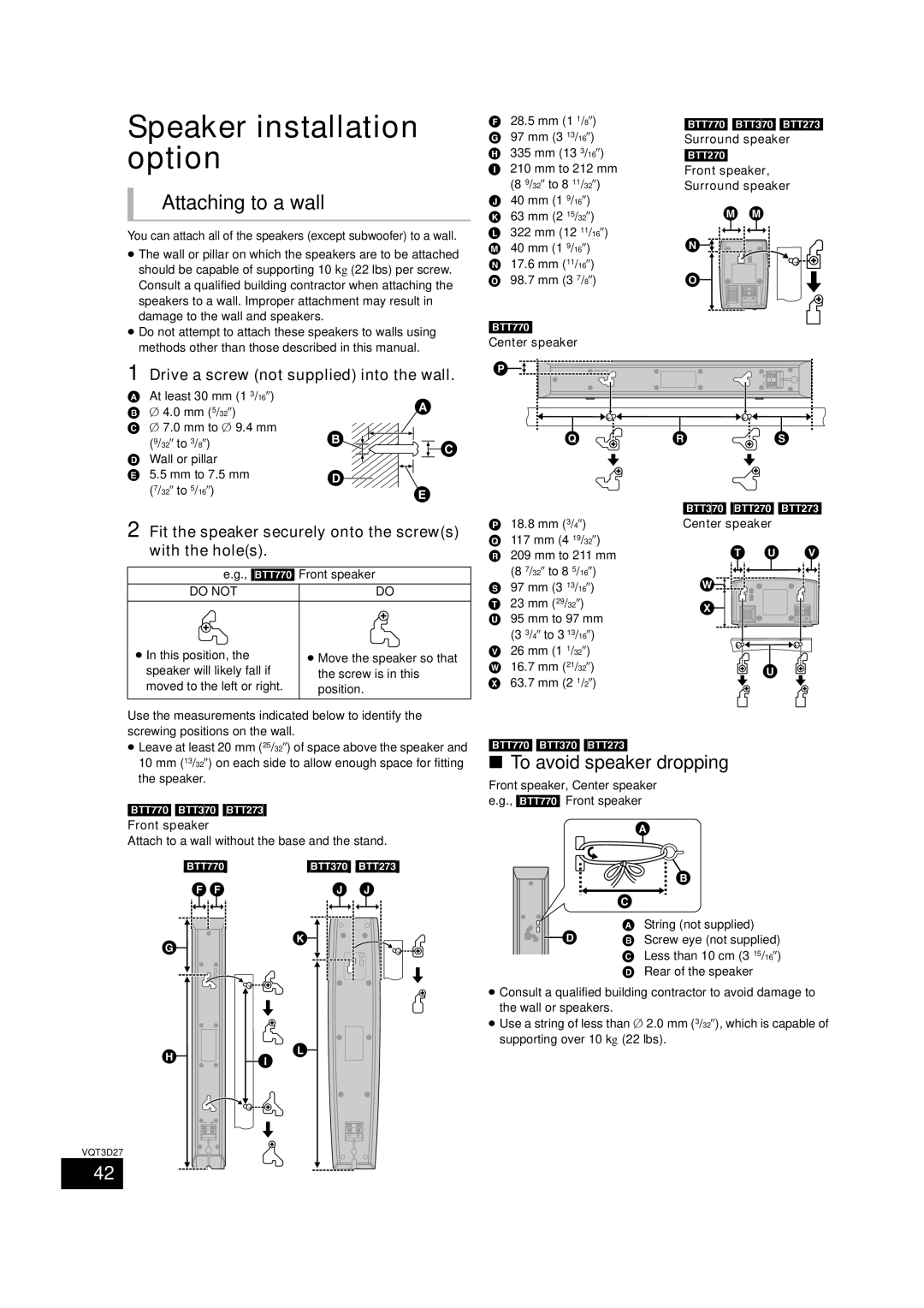 Panasonic BTT273, SC-BTT770, SC-BTT370 Speaker installation option, Attaching to a wall, To avoid speaker dropping 