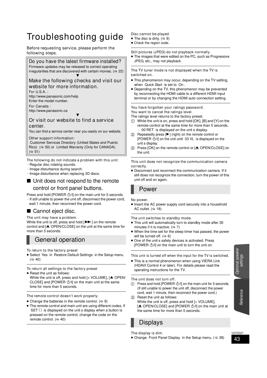 Panasonic SC-BTT770, BTT273, SC-BTT370 Troubleshooting guide, General operation, Power, Displays, Cannot eject disc 