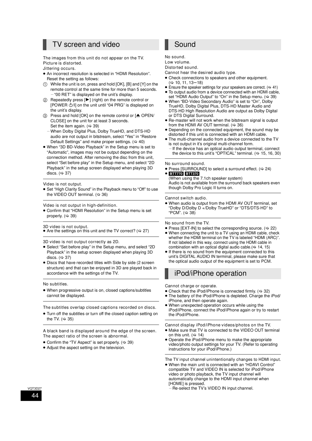 Panasonic SC-BTT370, BTT273, SC-BTT770 owner manual TV screen and video Sound, IPod/iPhone operation 