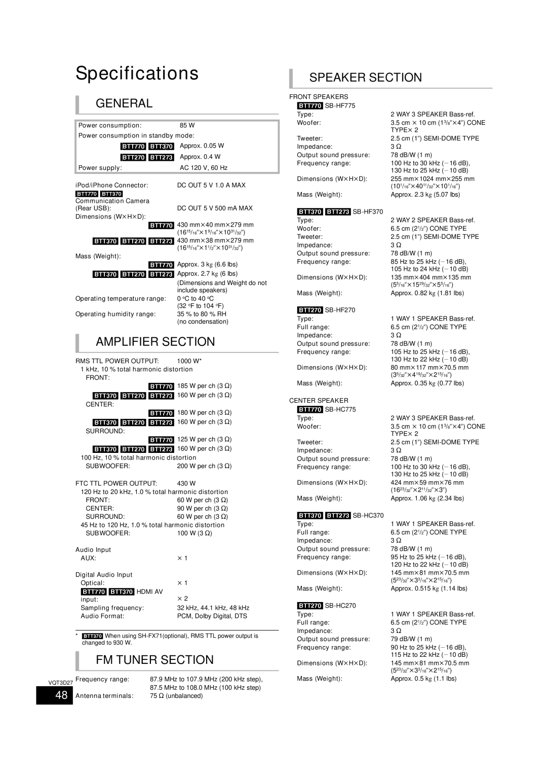 Panasonic BTT273, SC-BTT770, SC-BTT370 owner manual Specifications, BTT770 BTT370 Hdmi AV 