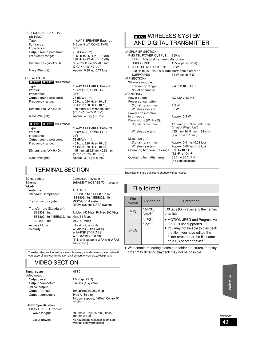 Panasonic SC-BTT770, BTT273, SC-BTT370 owner manual File format, File Extension Reference, Jpeg 