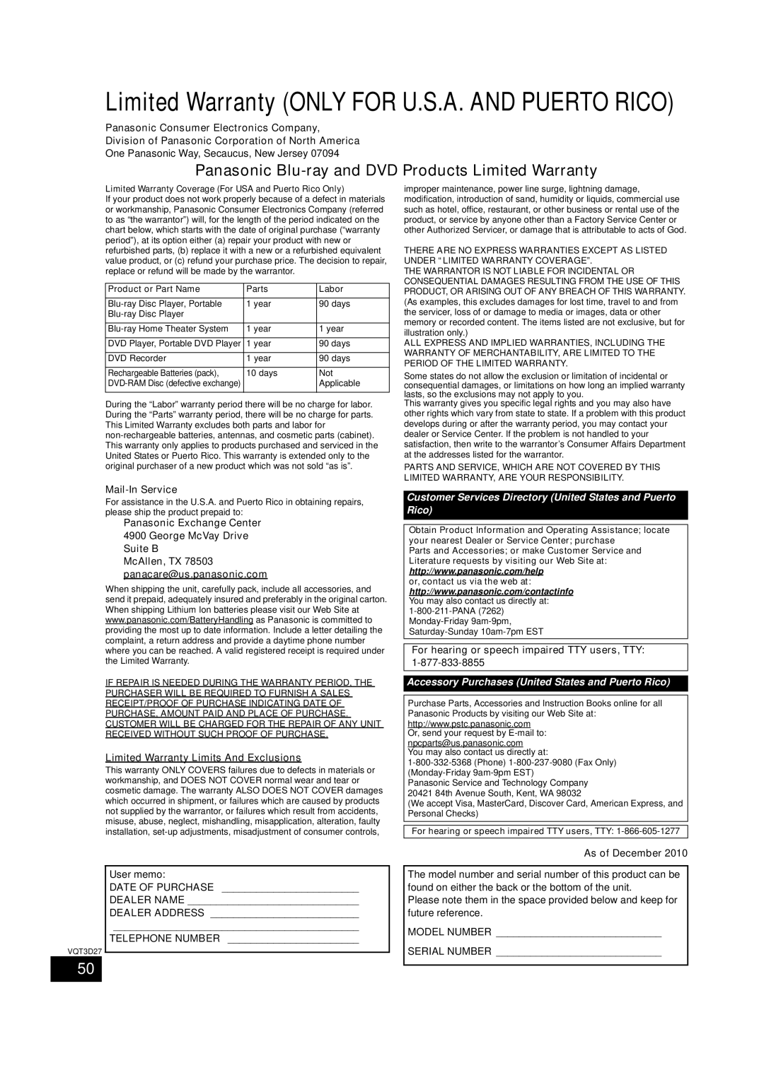 Panasonic SC-BTT370, BTT273, SC-BTT770 owner manual Mail-In Service, Panasonic Exchange Center George McVay Drive Suite B 