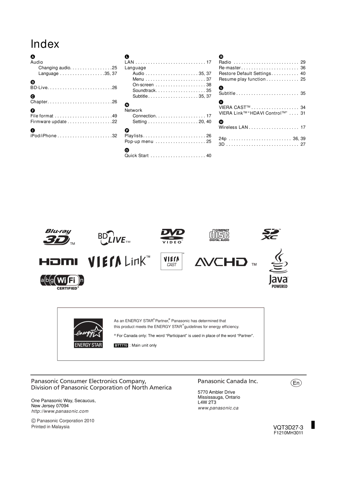 Panasonic SC-BTT770, BTT273, SC-BTT370 owner manual Index, Lan 