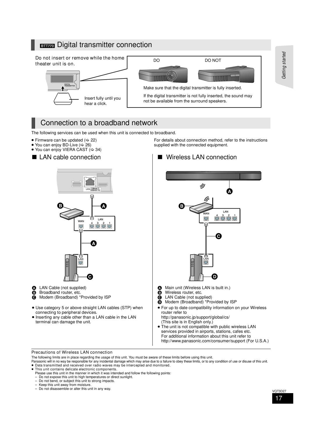 Panasonic SC-BTT370 BTT770 Digital transmitter connection, Connection to a broadband network, LAN cable connection,    