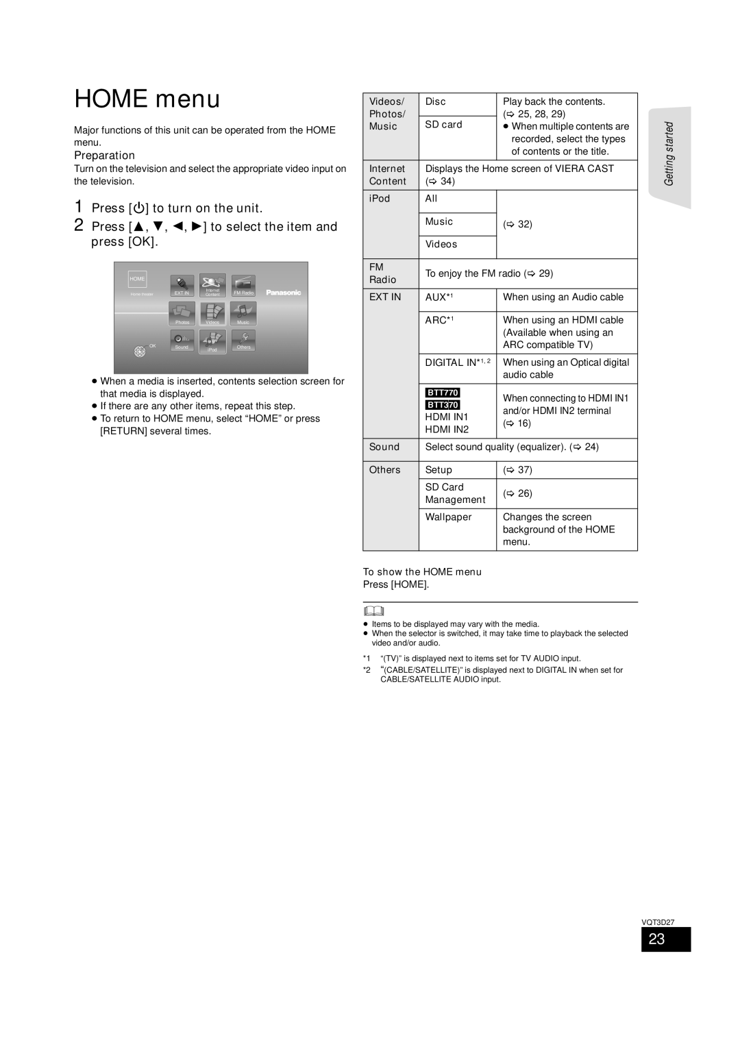 Panasonic SC-BTT370 HOME menu, Press Í to turn on the unit, Press 3, 4, 2, 1 to select the item and, press OK, Preparation 