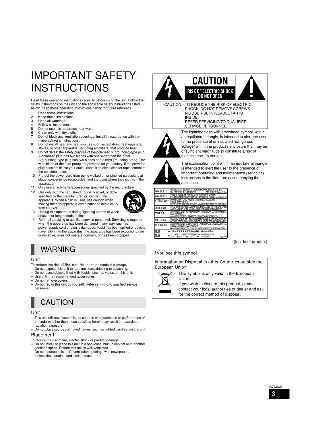 Panasonic BTT273, SC-BTT770, SC-BTT370 Important Safety Instructions, Unit, Placement, Risk Of Electric Shock Do Not Open 