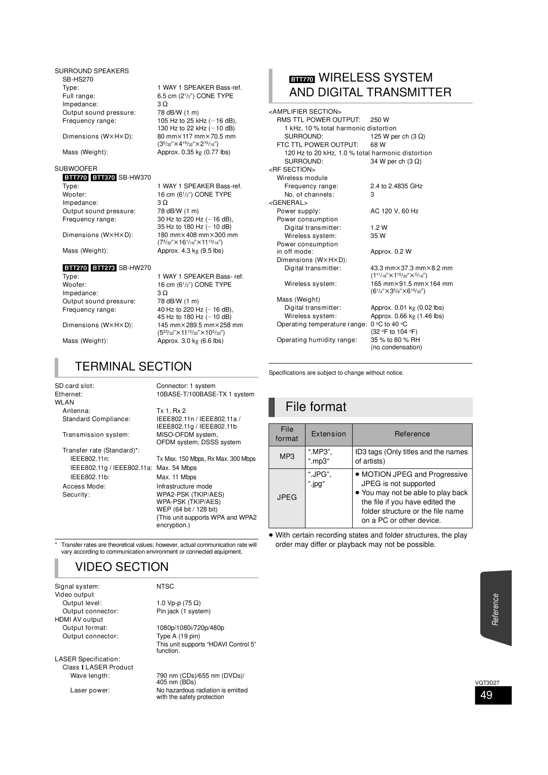 Panasonic SC-BTT770, BTT273 File format, Terminal Section, Video Section, BTT770 WIRELESS SYSTEM AND DIGITAL TRANSMITTER 