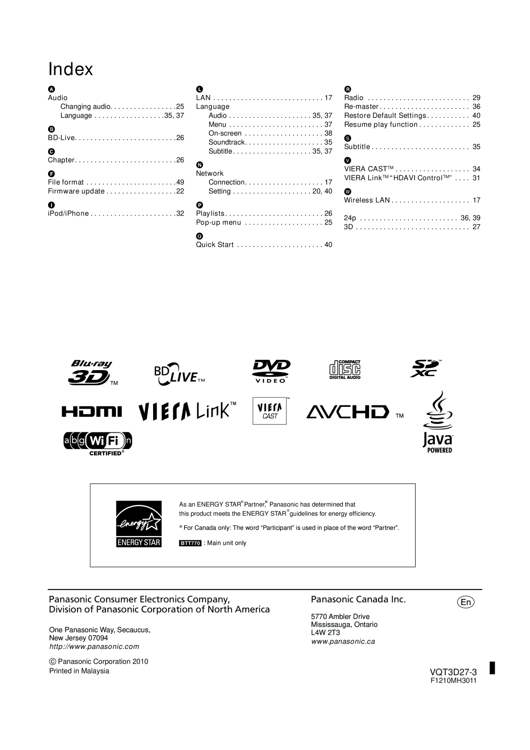 Panasonic SC-BTT770, BTT273, SC-BTT370 owner manual Index, Panasonic Consumer Electronics Company, Panasonic Canada Inc 