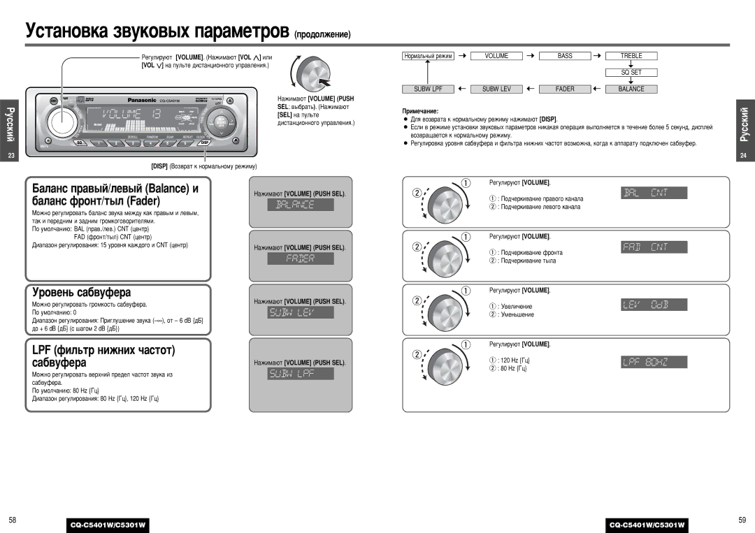 Panasonic C5301W ‡Î‡ÌÒ Ô‡‚˚È/ÎÂ‚˚È Balance Ë, ·‡Î‡ÌÒ ÙÓÌÚ/Ú˚Î Fader, Ó‚Âì¸ Ò‡·‚Ûùâ‡, LPF ÙËÎ¸Ú ÌËÊÌËı ˜‡ÒÚÓÚ ‡·‚ÛÙÂ‡ 