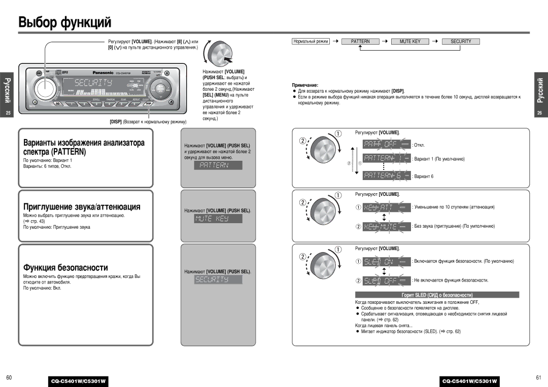 Panasonic C5301W manual ˚·Ó Ùûìíˆëè, Ë„ÎÛ¯ÂÌËÂ Á‚ÛÍ‡/‡ÚÚÂÌ˛‡ˆËﬂ, ÎÛÌÍˆËﬂ ·ÂÁÓÔ‡ÒÌÓÒÚË, ‡ÊËÏ‡˛Ú Volume Push SEL 