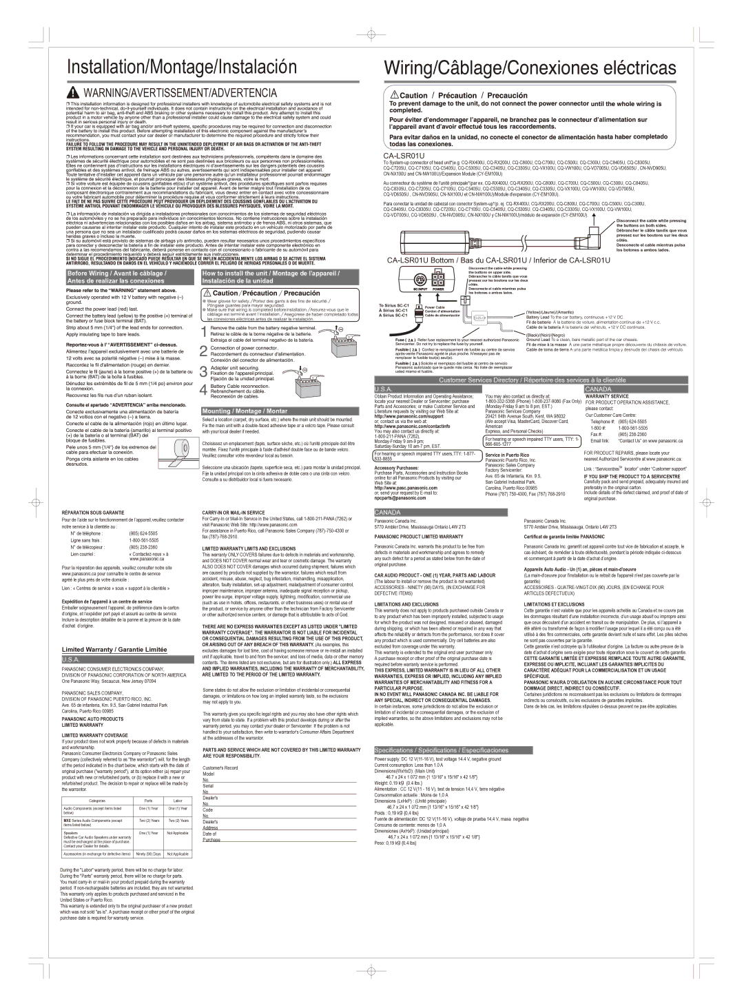 Panasonic CA-LSR01U specifications Warranty Service, If YOU Ship the Product to a Servicentre, Réparation Sous Garantie 