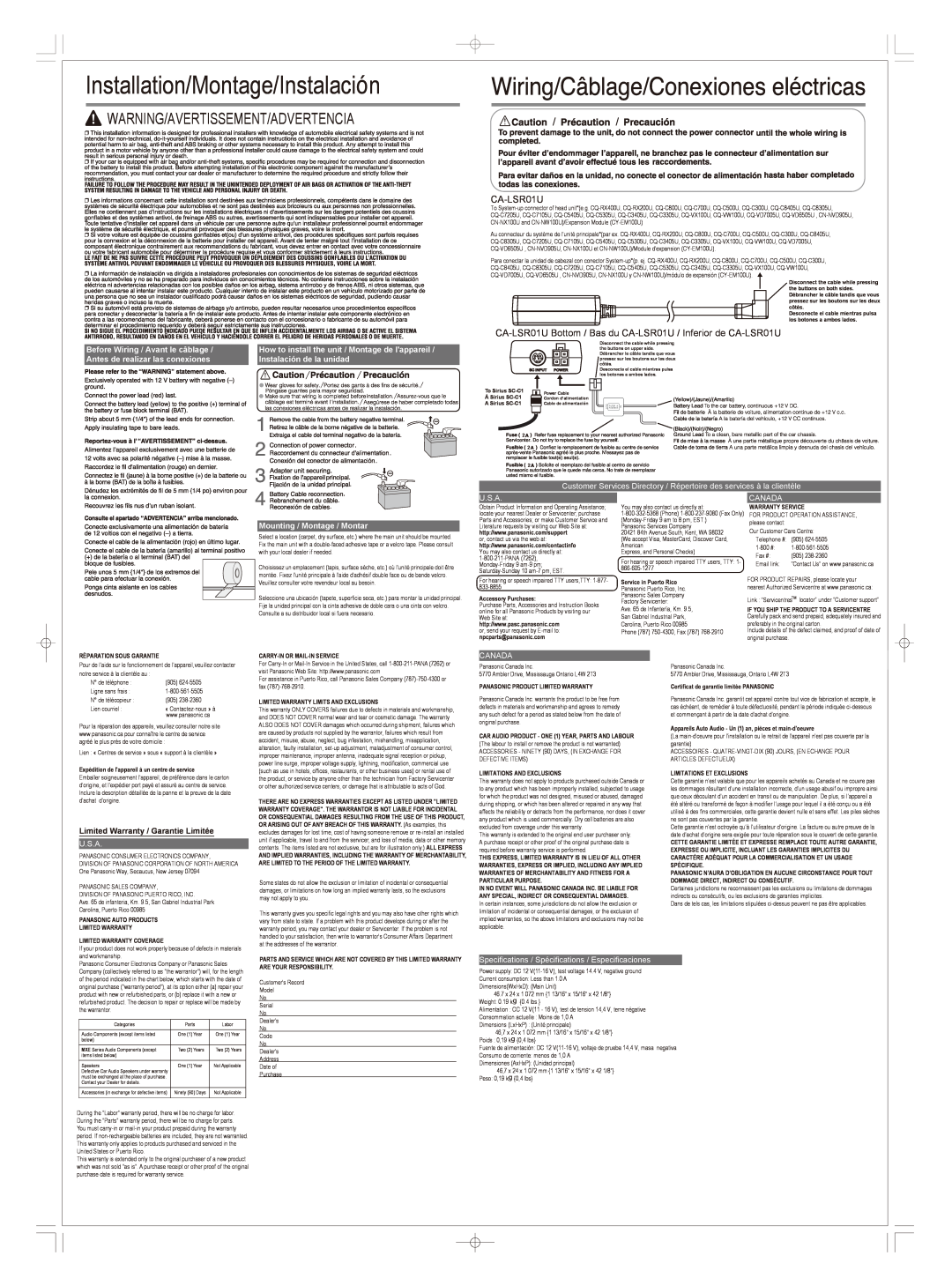 Panasonic CA-LSR01U specifications Installation/Montage/Instalacin, Warning/Avertissement/Advertencia, U.S.A, Canada 