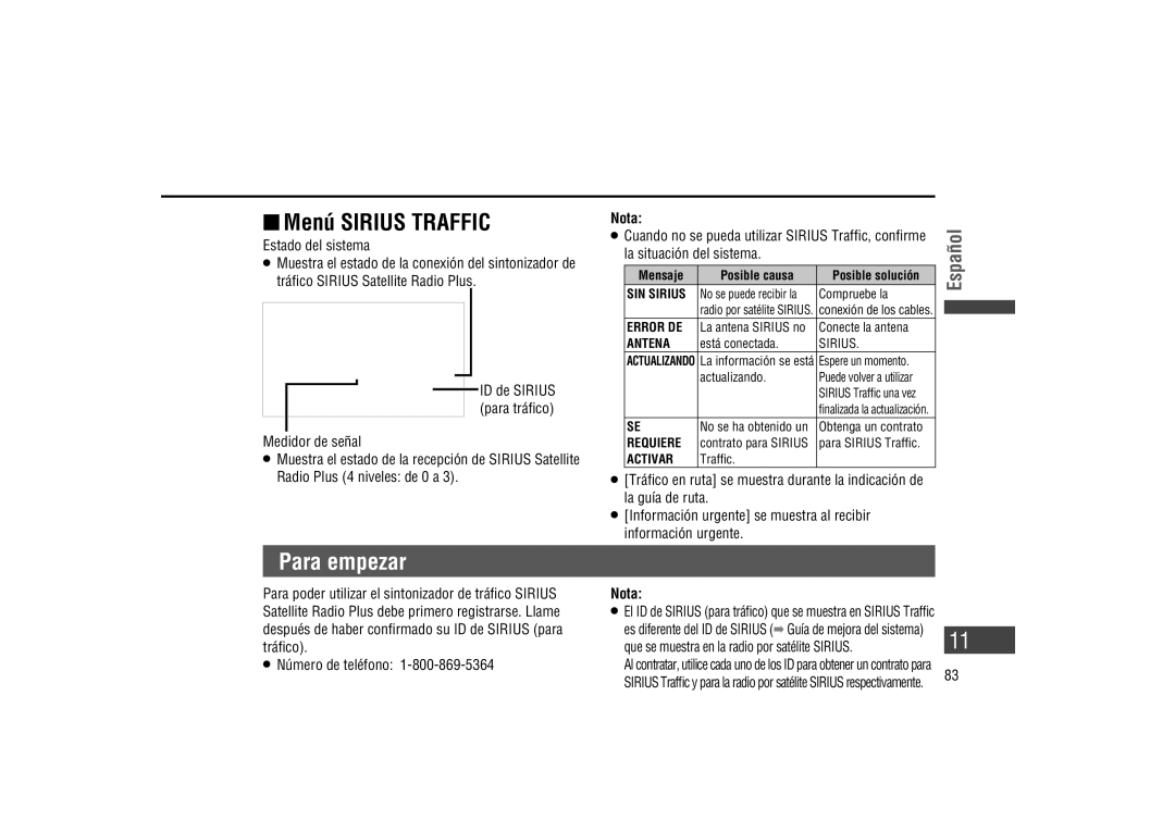 Panasonic CA-LSR10U warranty  Menú Sirius Traffic, Para empezar, Estado del sistema 