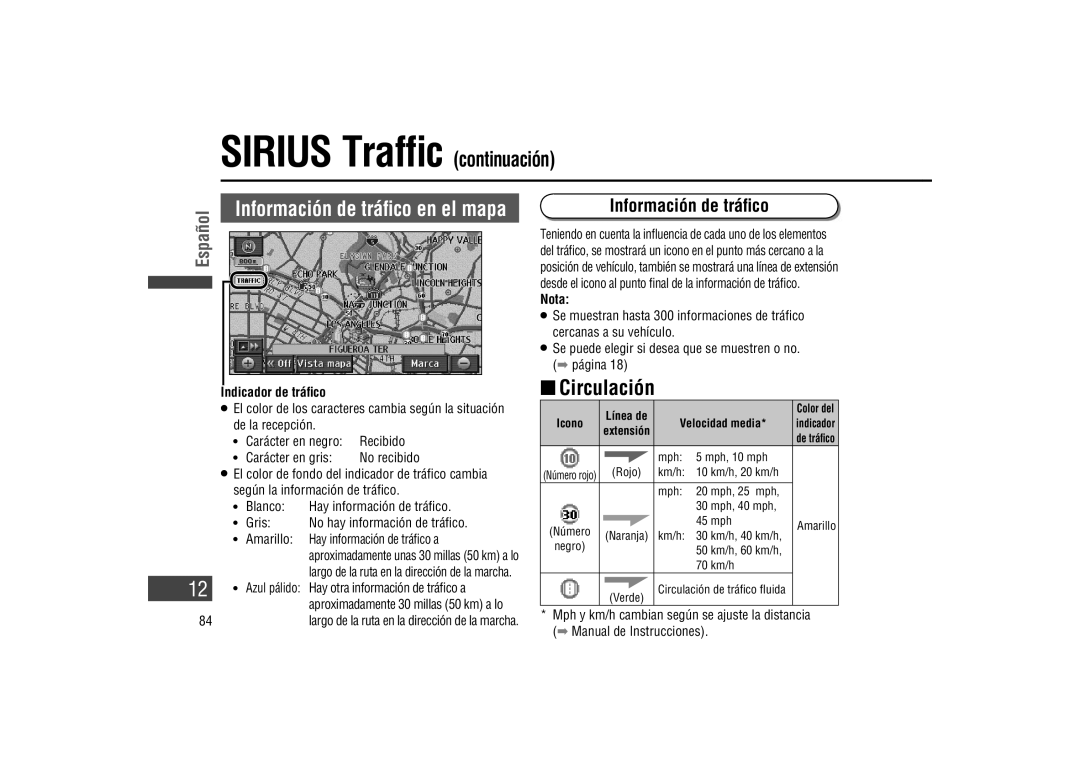 Panasonic CA-LSR10U warranty Sirius Trafﬁc continuación, Información de tráﬁco,  Circulación, Indicador de tráﬁco, Gris 