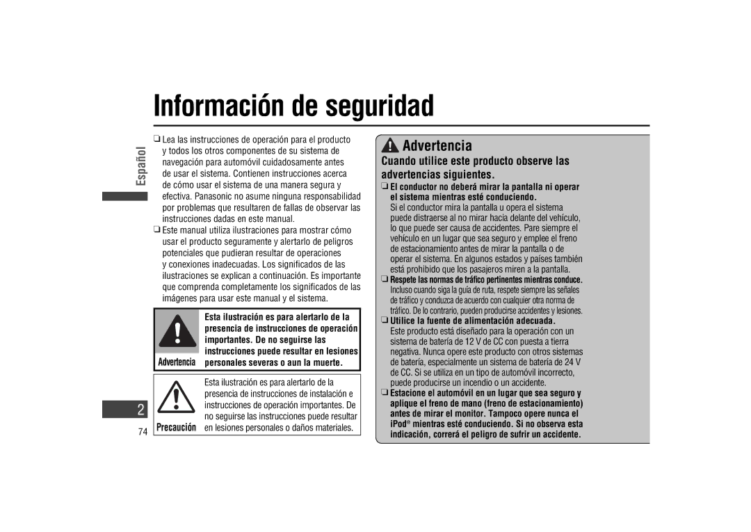 Panasonic CA-LSR10U warranty Información de seguridad, Advertencia, Instrucciones dadas en este manual 