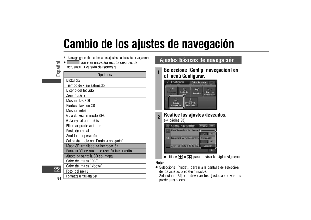 Panasonic CA-LSR10U warranty Ajustes básicos de navegación, El menú Conﬁgurar, Seleccione Conﬁg. navegación en, Opciones 