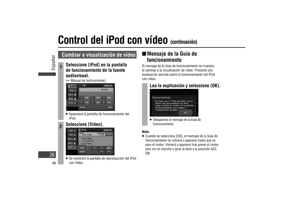 Panasonic CA-LSR10U warranty Control del iPod con vídeo continuación,  Mensaje de la Guía de Funcionamiento, Audiovisual 