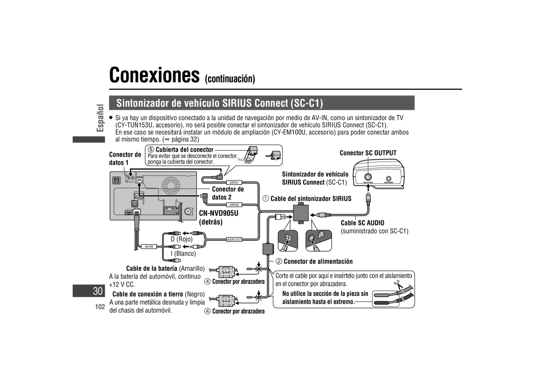 Panasonic CA-LSR10U warranty Conexiones continuación, Sintonizador de vehículo Sirius Connect SC-C1, Detrás, 102 