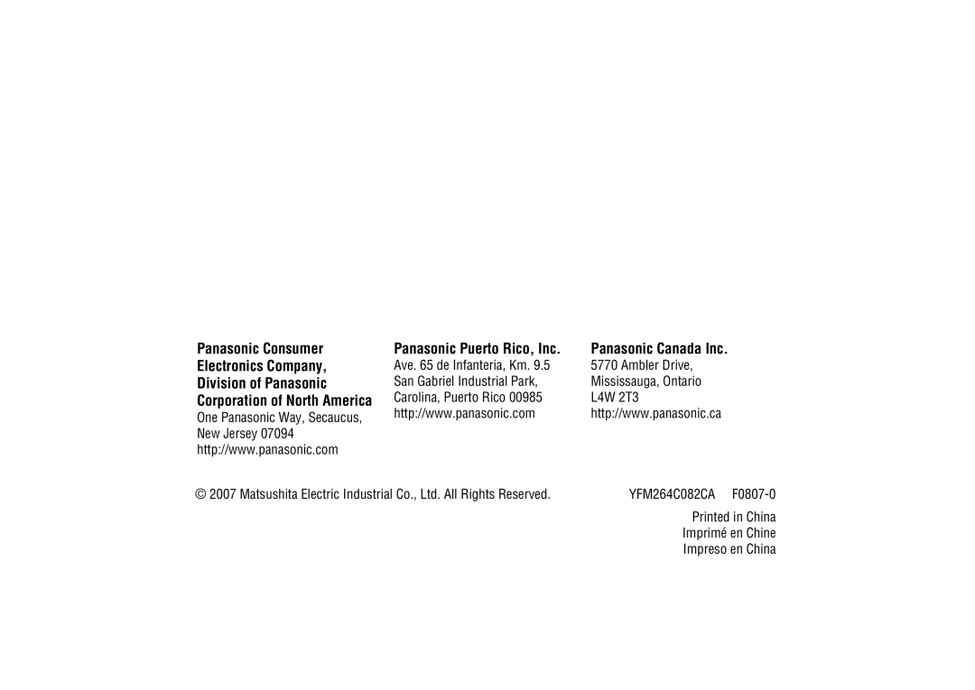 Panasonic CA-LSR10U Panasonic Puerto Rico, Inc, Corporation of North America, Panasonic Canada Inc, YFM264C082CA F0807-0 