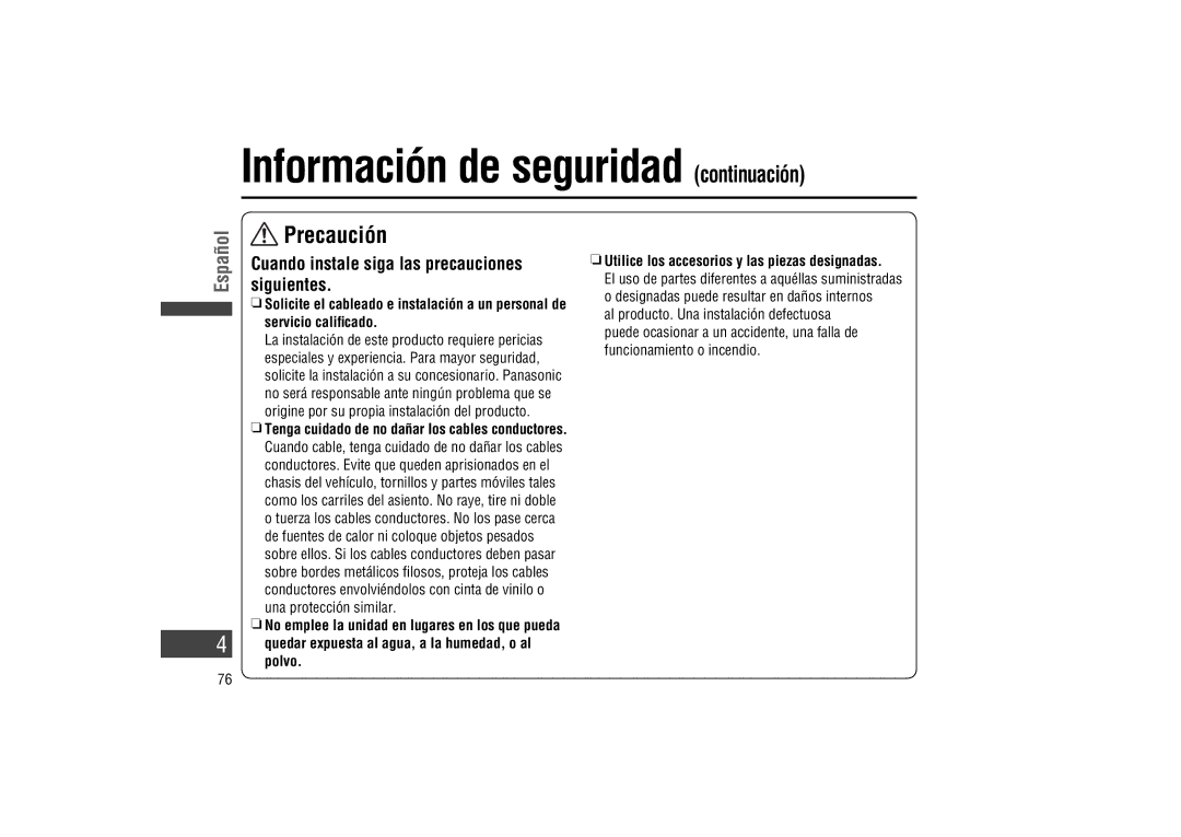 Panasonic CA-LSR10U warranty Información de seguridad continuación, Precaución, Siguientes 