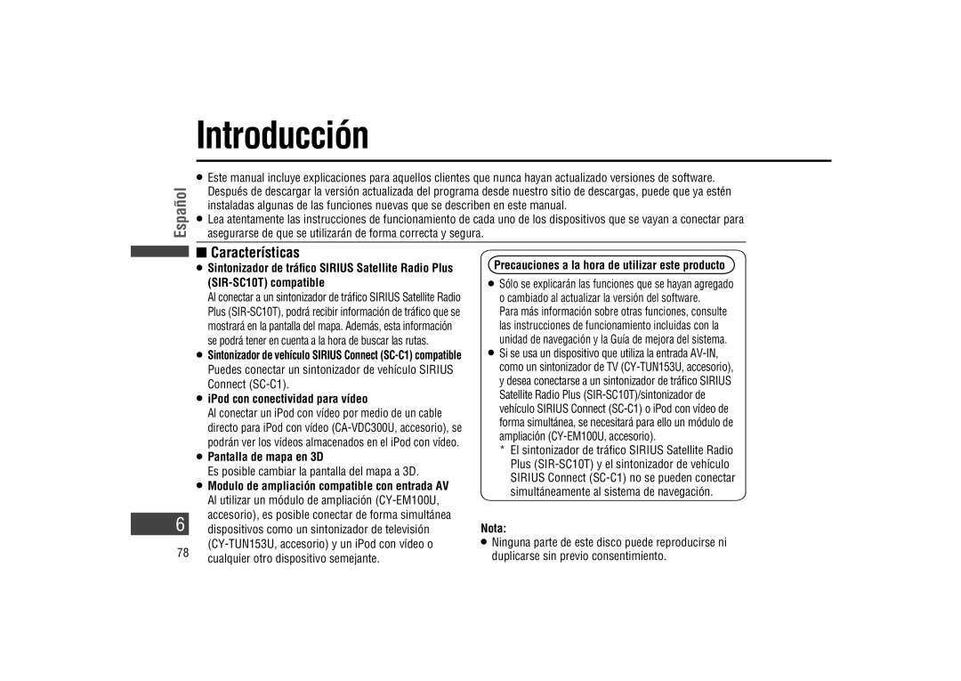 Panasonic CA-LSR10U warranty Introducción,  Características, SIR-SC10T compatible,  iPod con conectividad para vídeo 