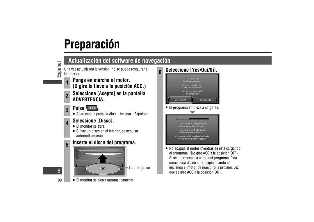 Panasonic CA-LSR10U warranty Preparación, Actualización del software de navegación, Pulse, Seleccione Disco 