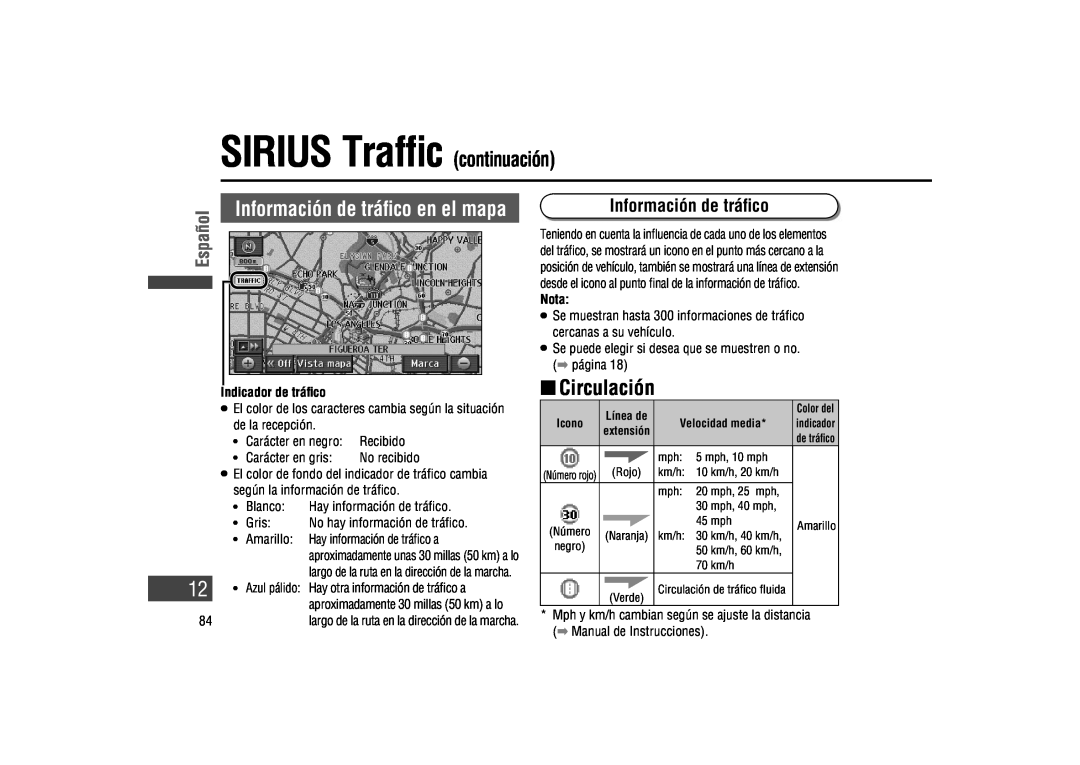 Panasonic CA-LSR10U warranty SIRIUS Trafﬁc continuación, Información de tráﬁco en el mapa, Español 