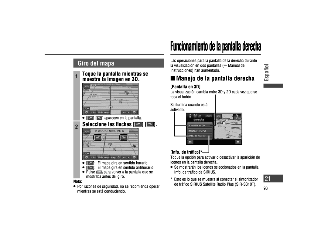 Panasonic CA-LSR10U warranty Giro del mapa,  Manejo de la pantalla derecha, Seleccione las ﬂechas, Español, Pantalla en 3D 