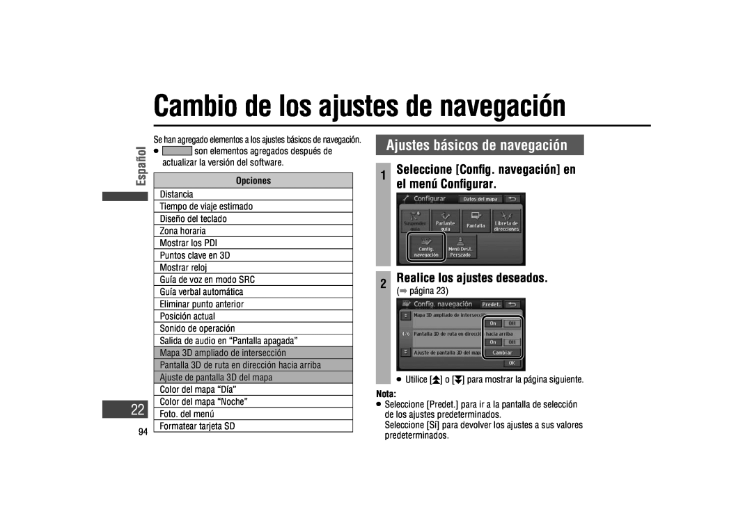 Panasonic CA-LSR10U warranty Ajustes básicos de navegación, el menú Conﬁgurar, Cambio de los ajustes de navegación, Español 