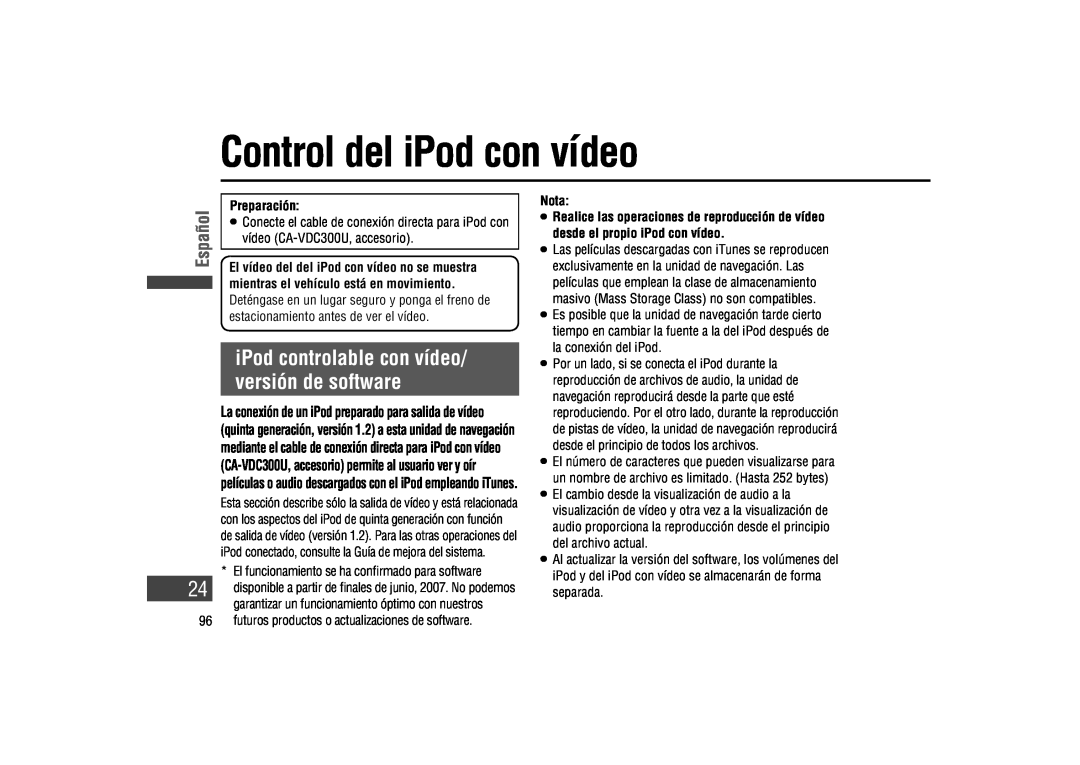 Panasonic CA-LSR10U warranty Control del iPod con vídeo, iPod controlable con vídeo/ versión de software, Español 