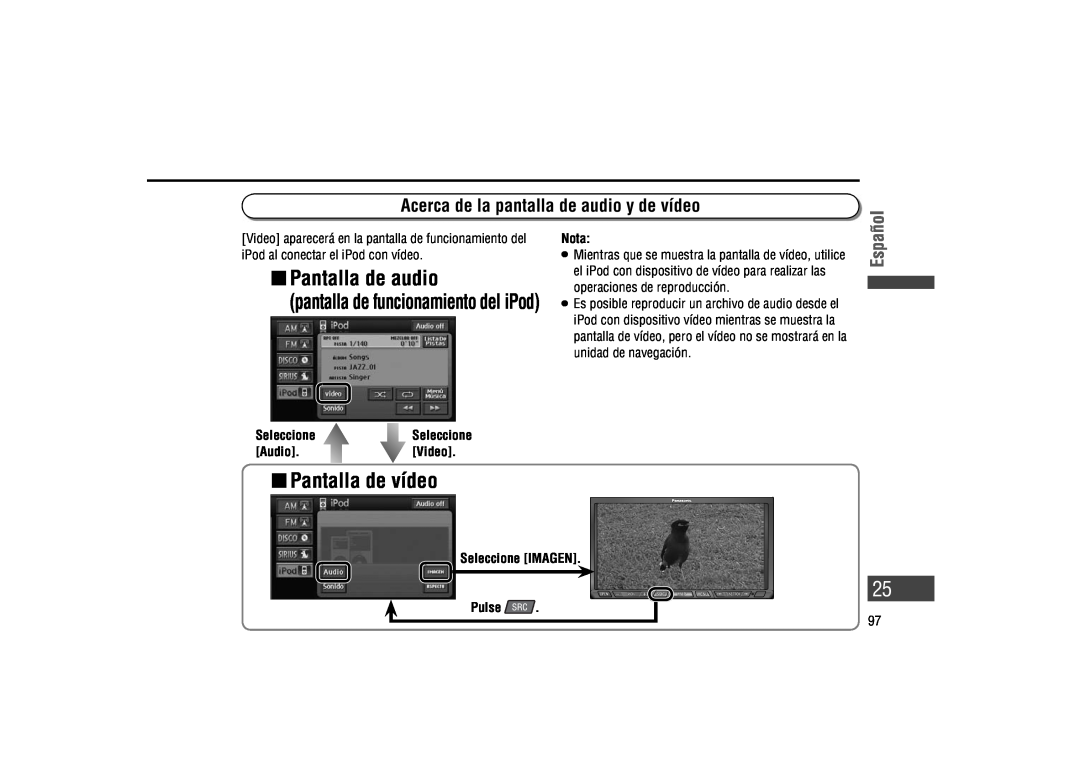 Panasonic CA-LSR10U warranty Pantalla de audio, Pantalla de vídeo, Acerca de la pantalla de audio y de vídeo, Español 