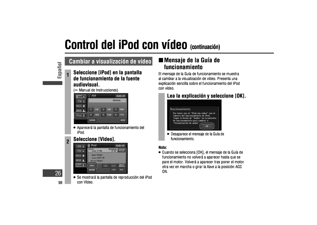 Panasonic CA-LSR10U Control del iPod con vídeo continuación, Mensaje de la Guía de funcionamiento, audiovisual, Español 