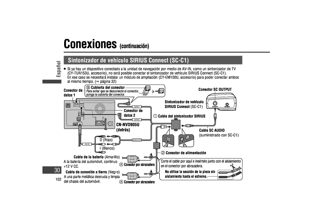 Panasonic CA-LSR10U Conexiones continuación, Sintonizador de vehículo SIRIUS Connect SC-C1, Español, CN-NVD905U, detrás 