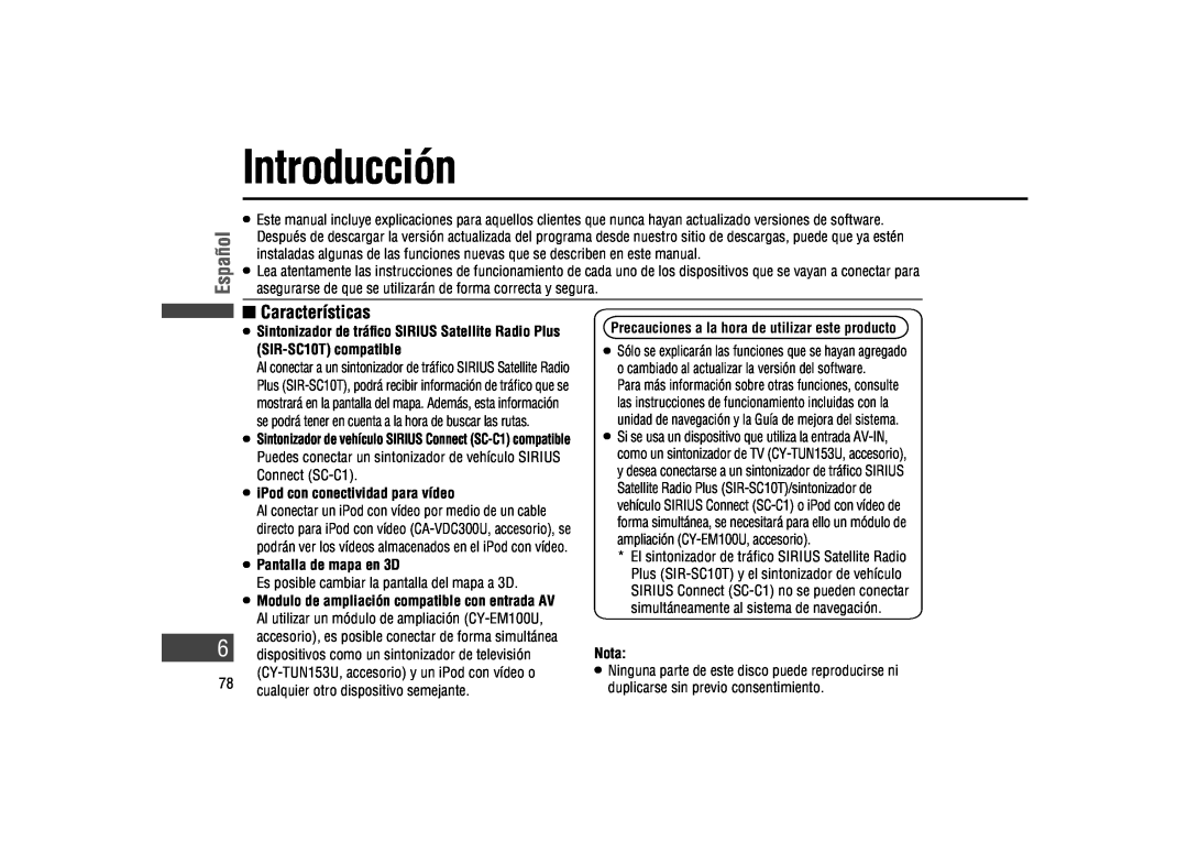 Panasonic CA-LSR10U warranty Introducción, Español,  Características 
