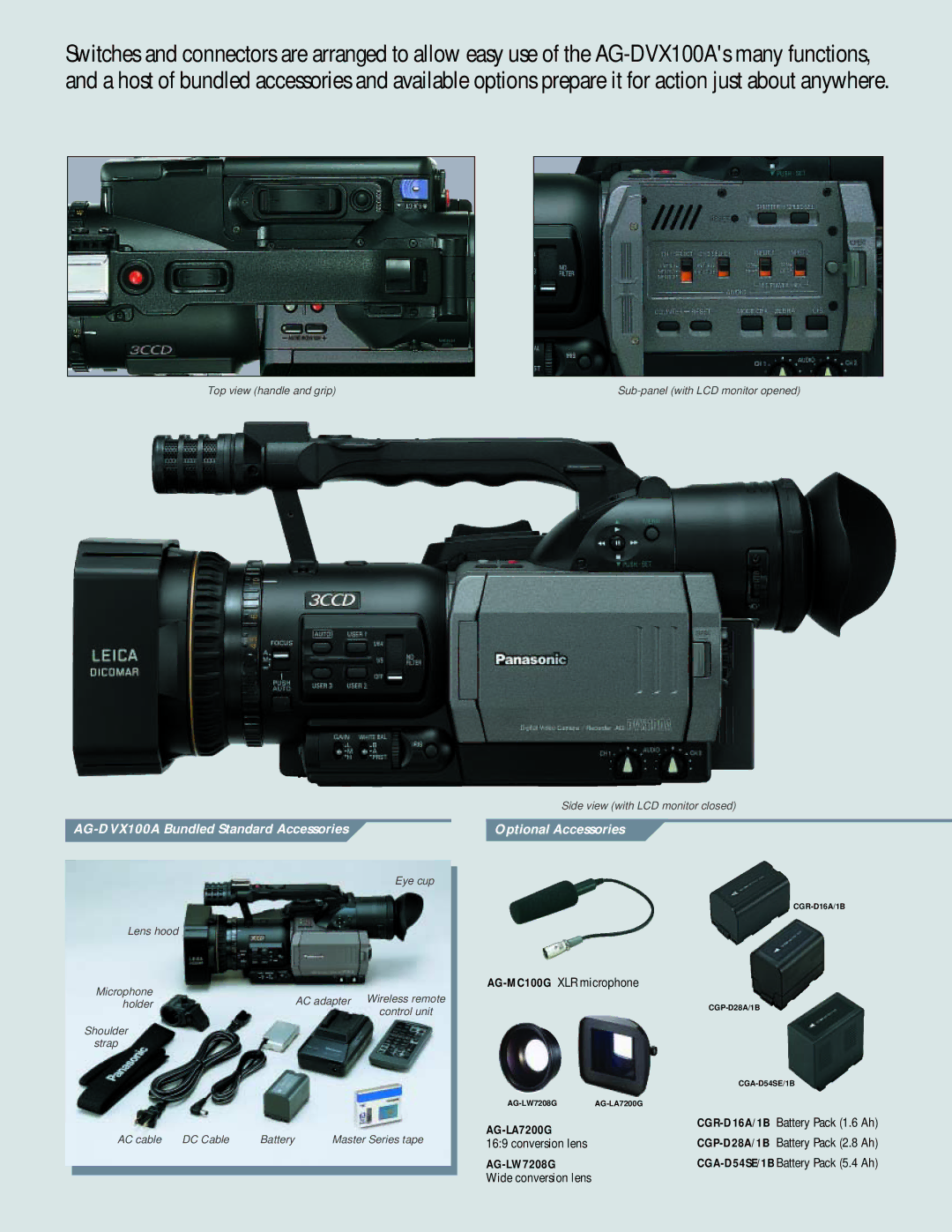 Panasonic Camera-Recorder manual AG-DVX100A Bundled Standard Accessories Optional Accessories 