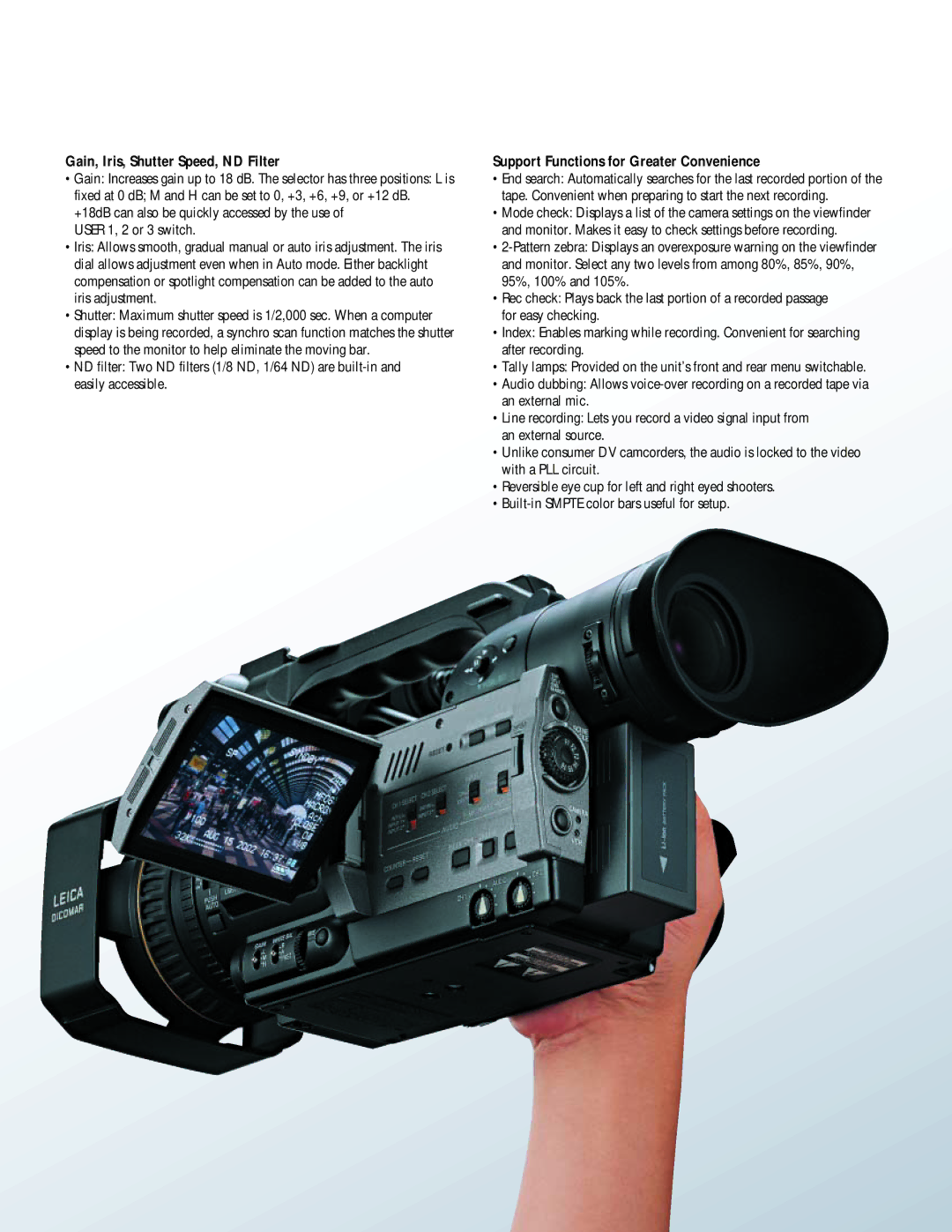 Panasonic Camera-Recorder manual Gain, Iris, Shutter Speed, ND Filter, Support Functions for Greater Convenience 