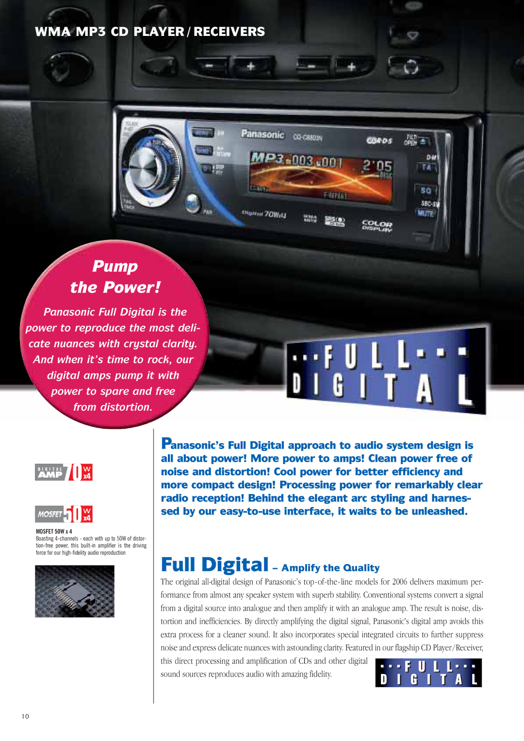 Panasonic Car Audio & DVD Car Navigation System manual Pump Power, Full Digital Amplify the Quality, Mosfet 50W x 