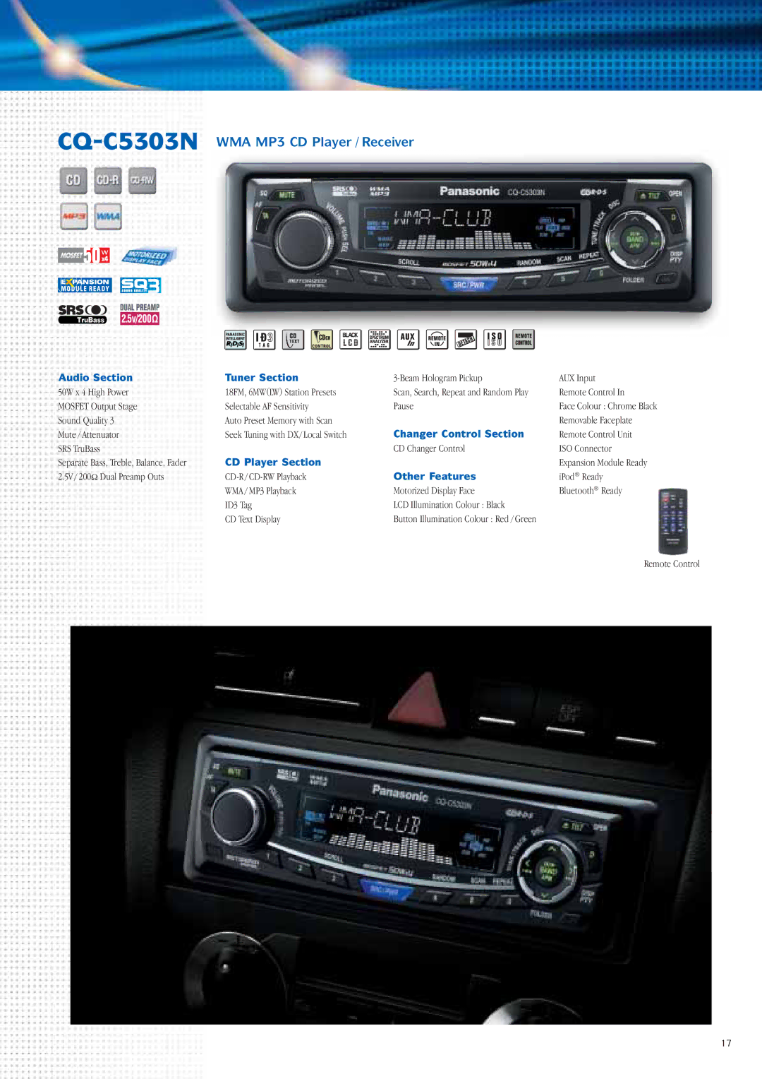 Panasonic Car Audio & DVD Car Navigation System manual CQ-C5303NWMA MP3 CD Player / Receiver, Audio Section Tuner Section 