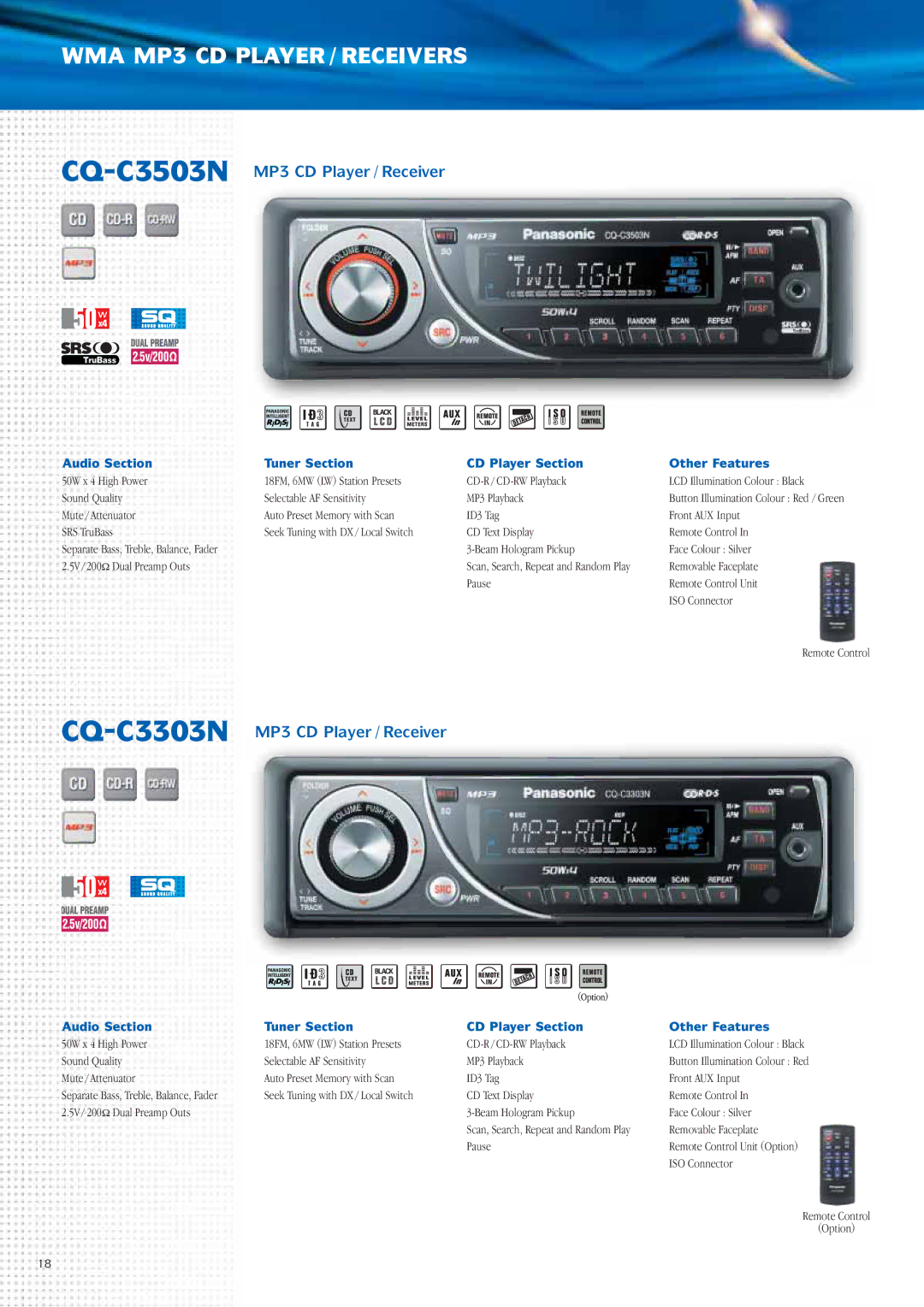 Panasonic Car Audio & DVD Car Navigation System manual CQ-C3503NMP3 CD Player / Receiver, CQ-C3303NMP3 CD Player / Receiver 