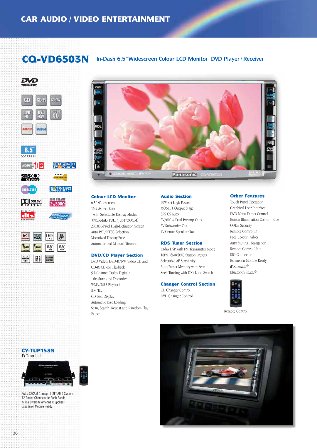 Panasonic Car Audio & DVD Car Navigation System manual CQ-VD6503N, Colour LCD Monitor 