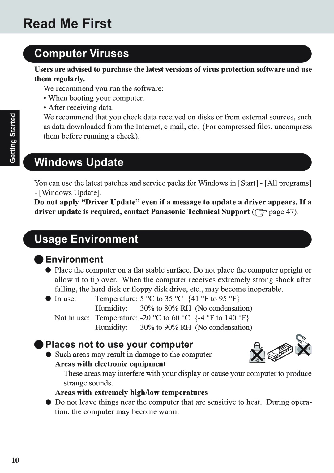 Panasonic CF-07 Series appendix Computer Viruses, Windows Update, Usage Environment, Places not to use your computer 