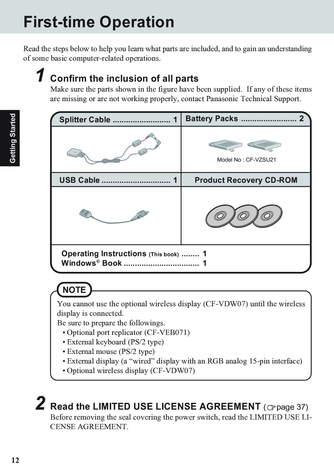 Panasonic CF-07 Series First-time Operation, Confirm the inclusion of all parts, Read the Limited USE License Agreement 