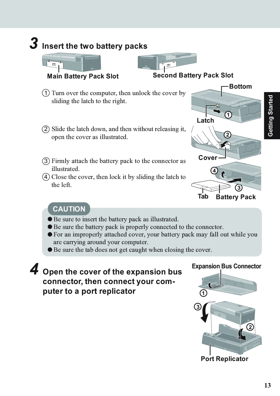 Panasonic CF-07 Series appendix Insert the two battery packs, Main Battery Pack Slot Second Battery Pack Slot, Latch 