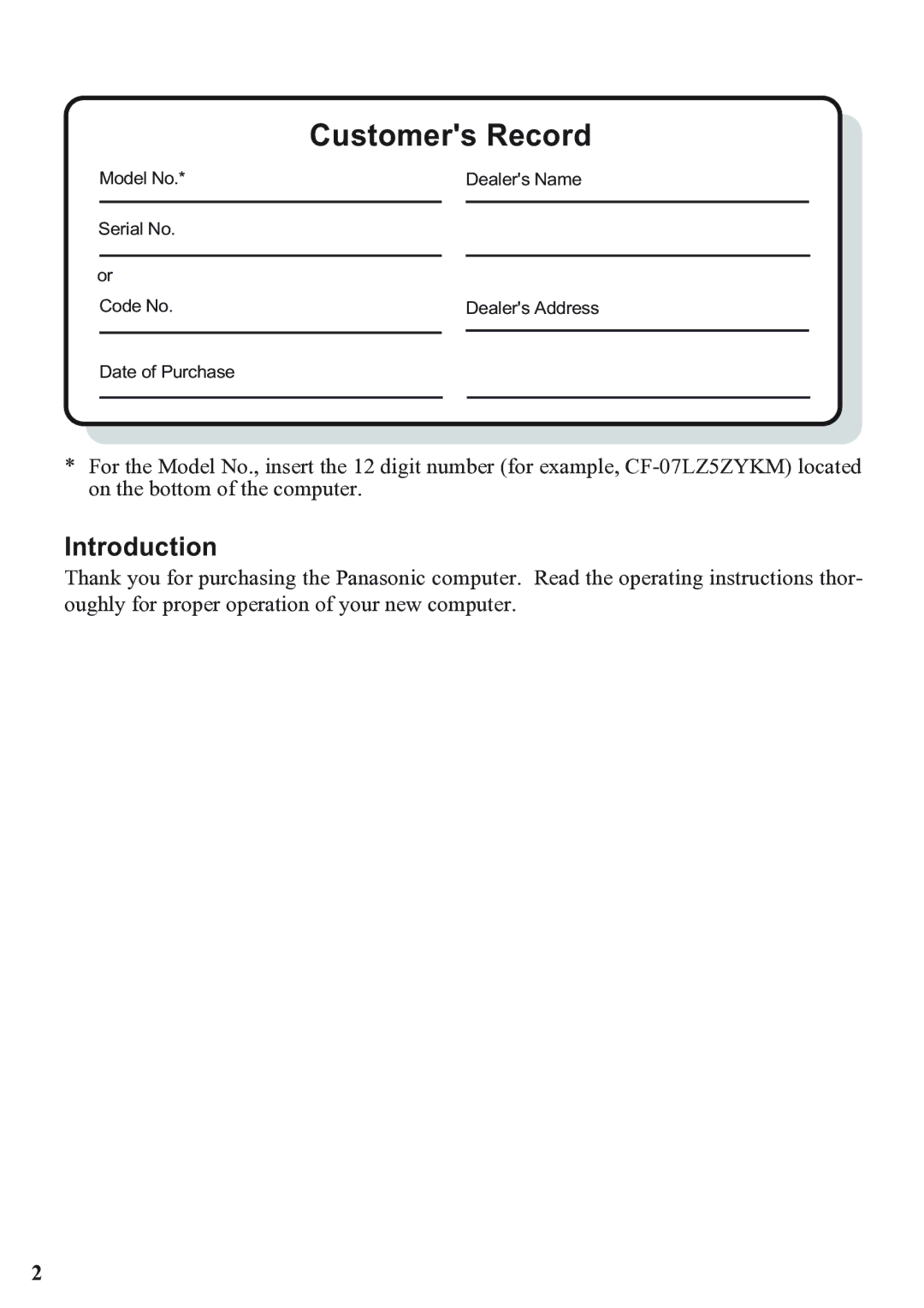 Panasonic CF-07 Series appendix Customers Record, Introduction 